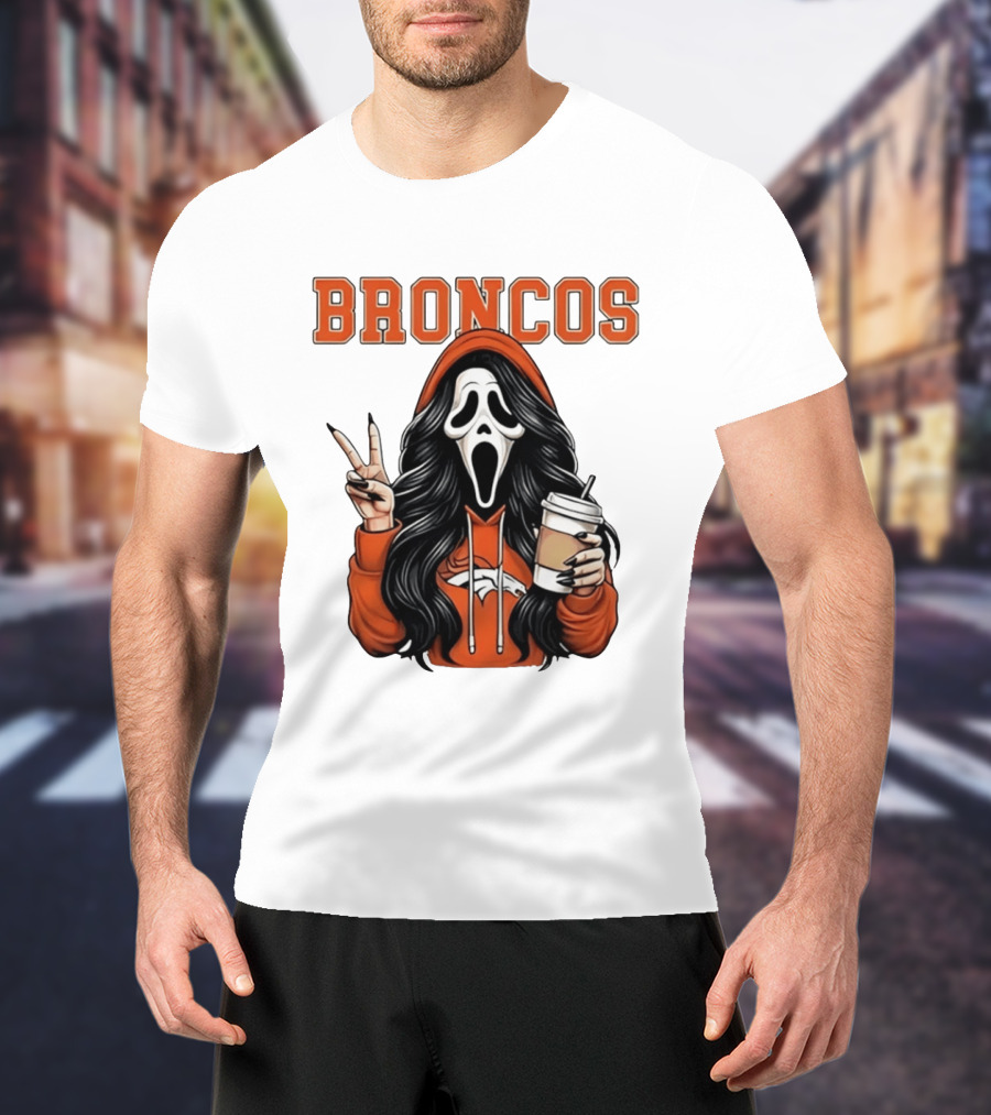 Broncos Ghostface Scream Halloween Coffee Peace Sign T-Shirt
