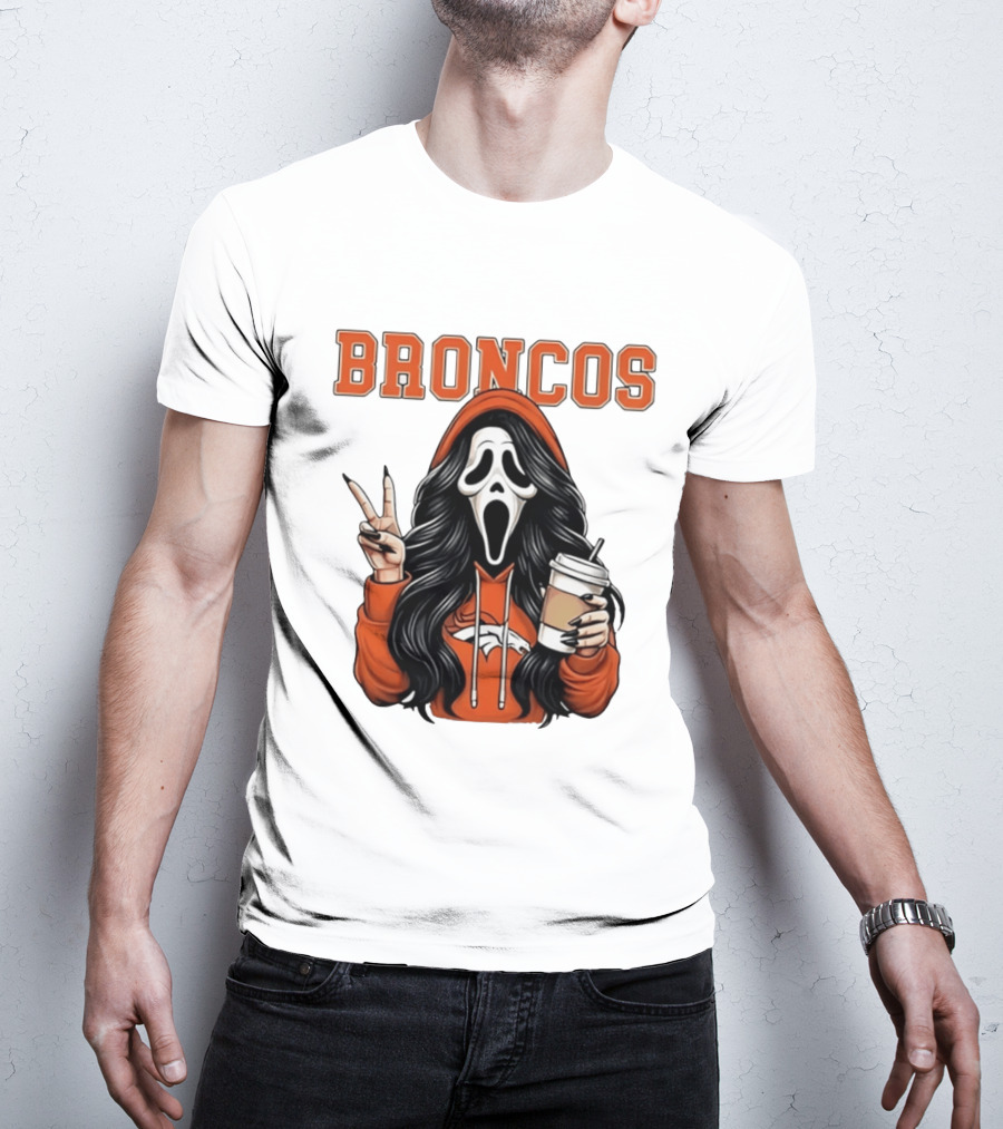 Broncos Ghostface Scream Halloween Coffee Peace Sign T-Shirt