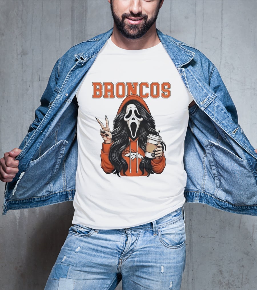 Broncos Ghostface Scream Halloween Coffee Peace Sign T-Shirt