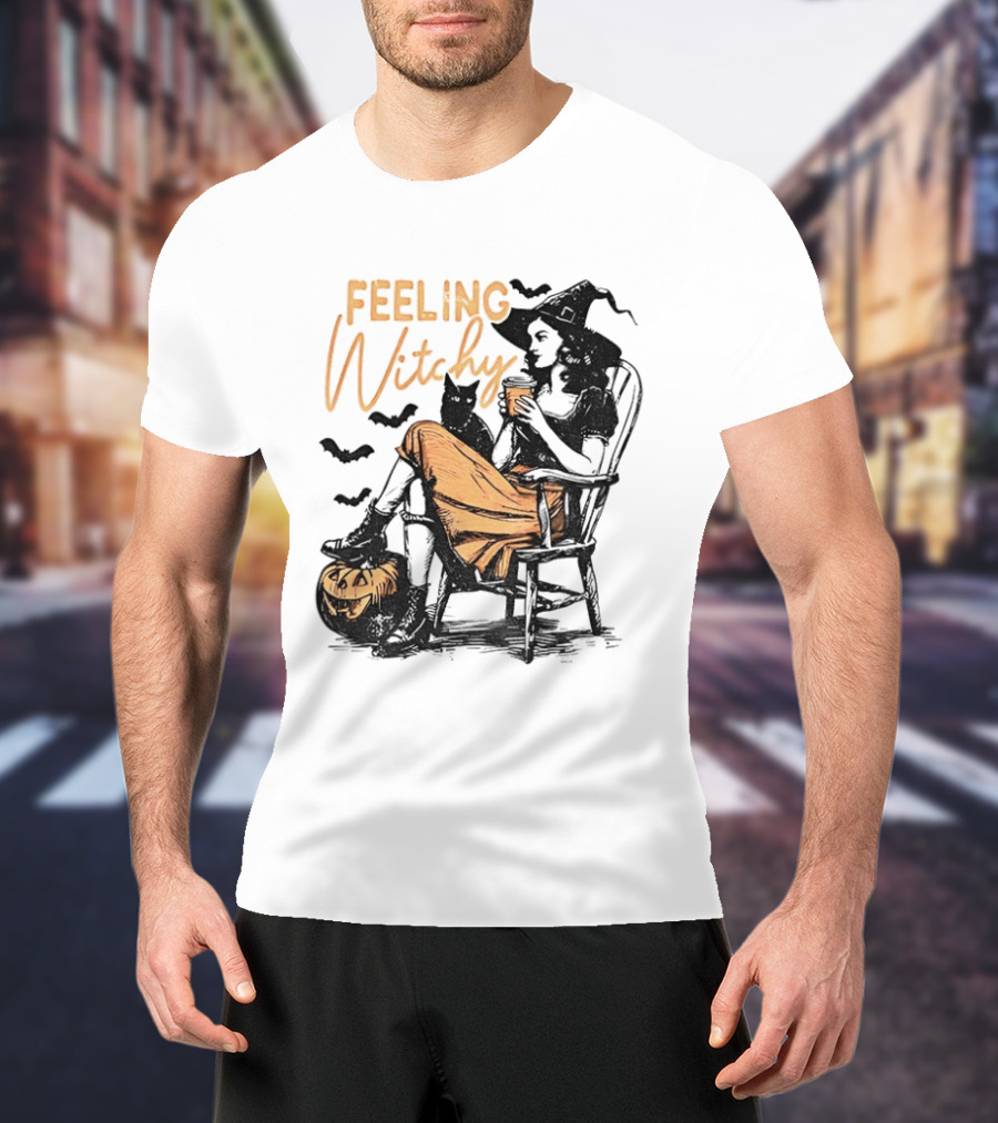 Feeling Witchy Witch With Pumpkin And Bats Halloween Vibes T-Shirt