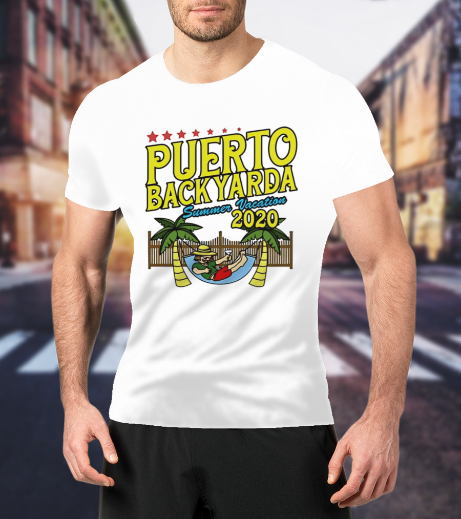 Puerto Backyarda Summer Vacation 2020 Relaxing Hammock Palm Trees Retro Cartoon T-Shirt