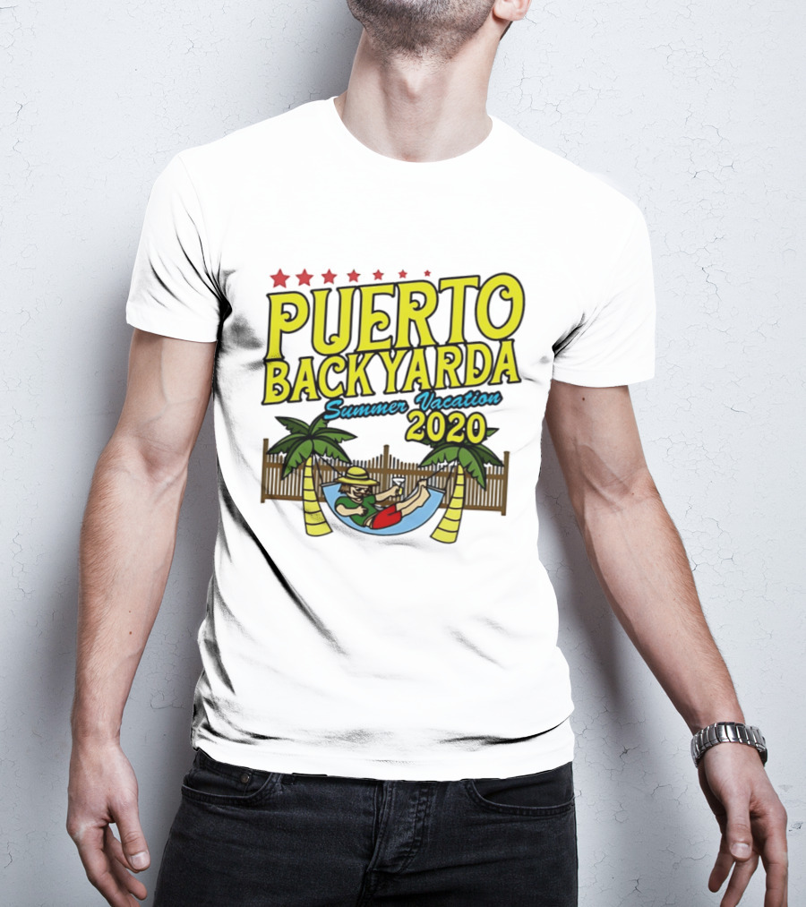 Puerto Backyarda Summer Vacation 2020 Relaxing Hammock Palm Trees Retro Cartoon T-Shirt