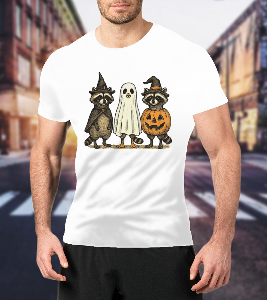 Spooky Boo Ghost Raccoon Pumpkin Raccoon Witch Hat Happy Halloween 2025 T-Shirt