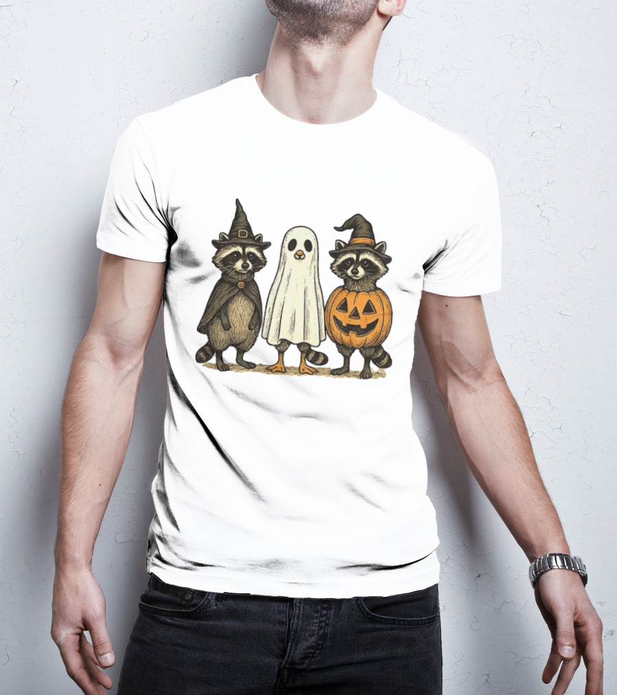 Spooky Boo Ghost Raccoon Pumpkin Raccoon Witch Hat Happy Halloween 2025 T-Shirt