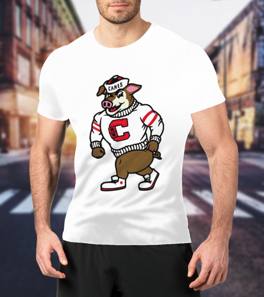 Canes Mascot Pig In Red And White Sweater With Stripes T-Shirt