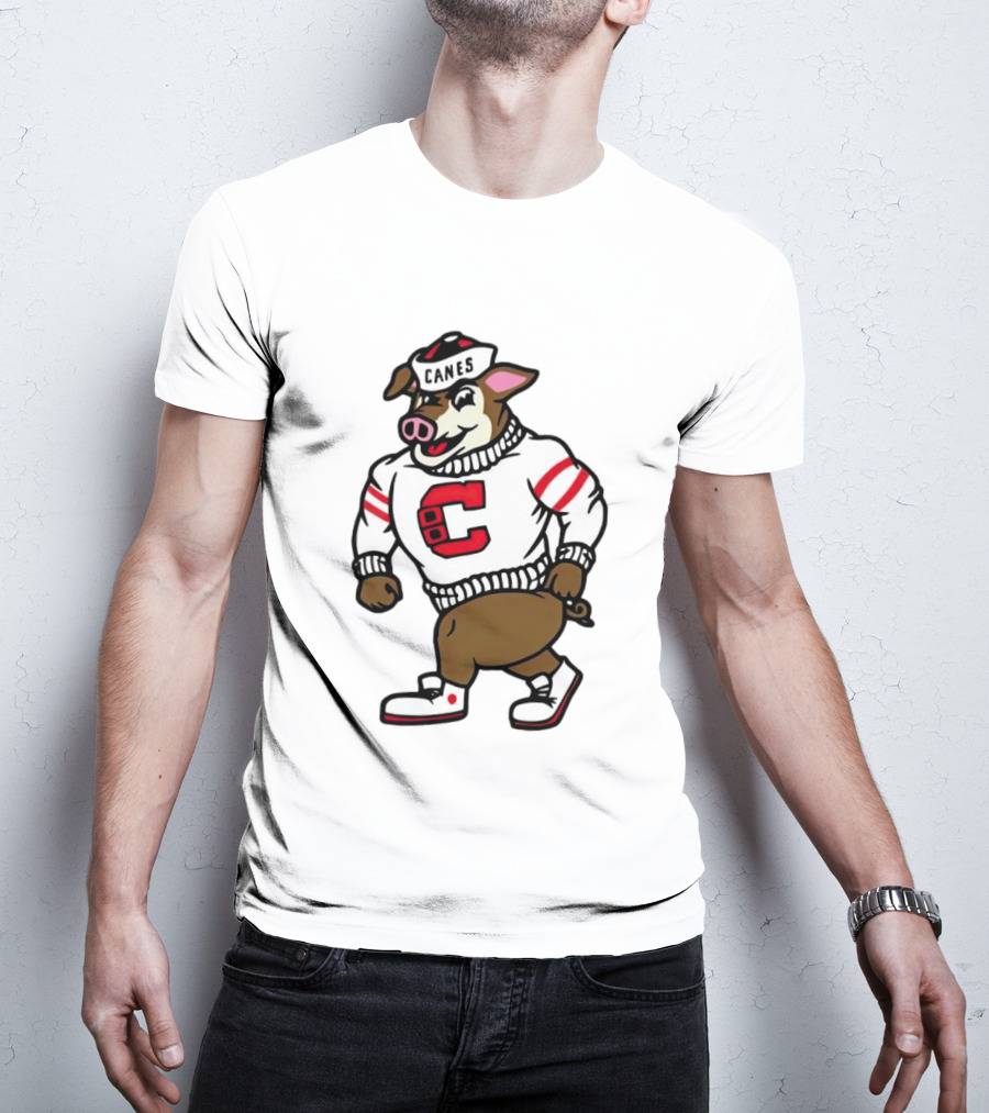 Canes Mascot Pig In Red And White Sweater With Stripes T-Shirt
