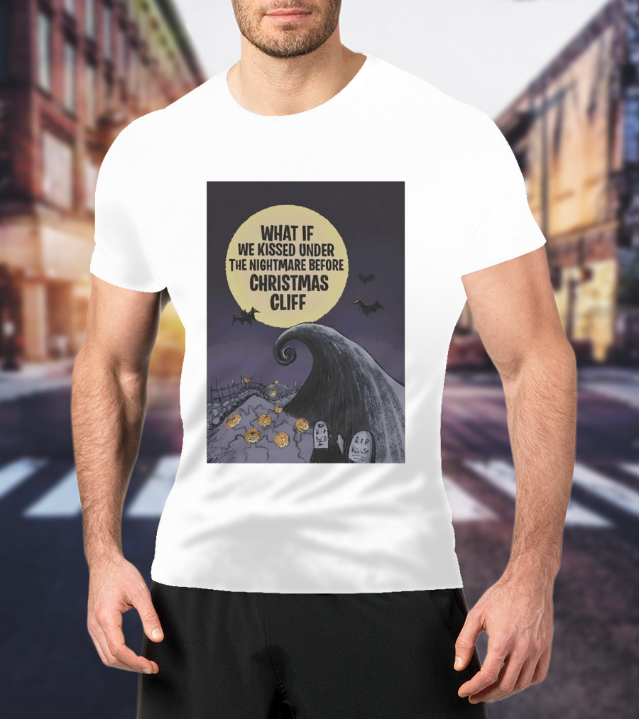 What If We Kissed Under The Nightmare Before Christmas Cliff Halloween Moon Bats Pumpkins Graveyard Scene T-Shirt