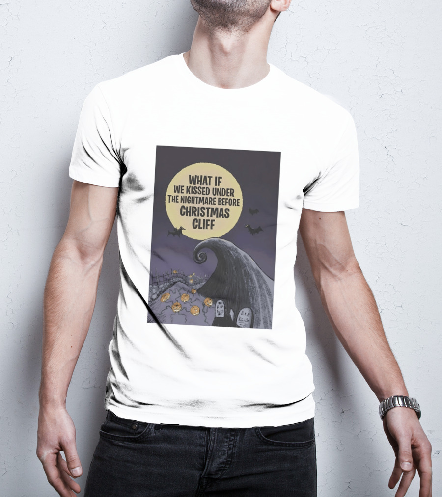 What If We Kissed Under The Nightmare Before Christmas Cliff Halloween Moon Bats Pumpkins Graveyard Scene T-Shirt