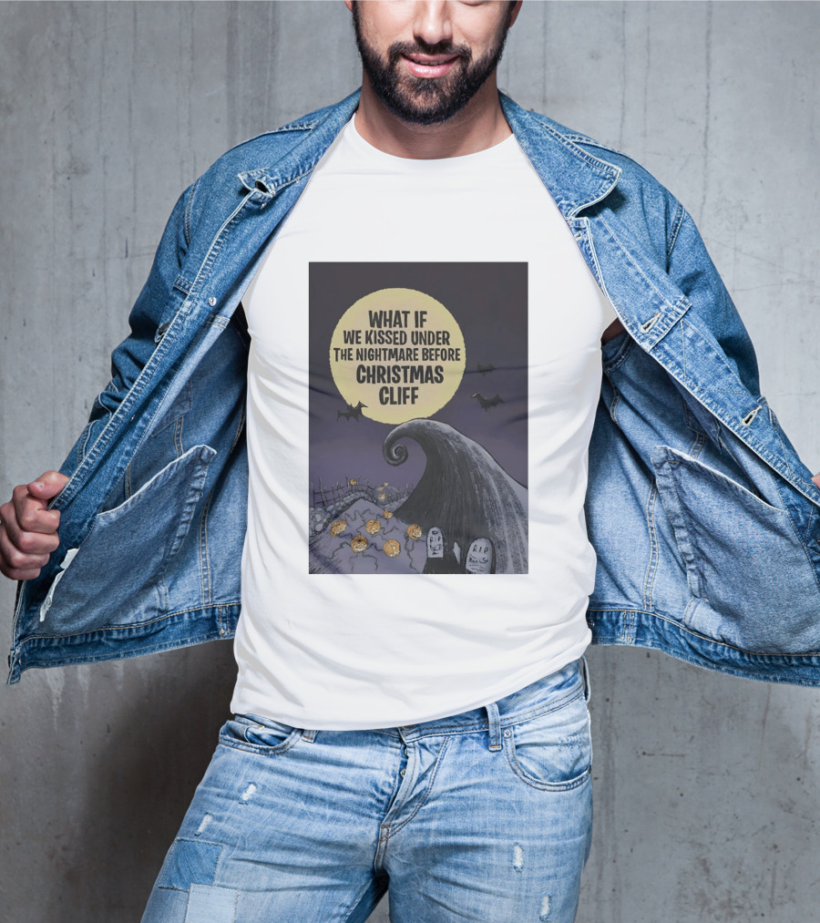 What If We Kissed Under The Nightmare Before Christmas Cliff Halloween Moon Bats Pumpkins Graveyard Scene T-Shirt