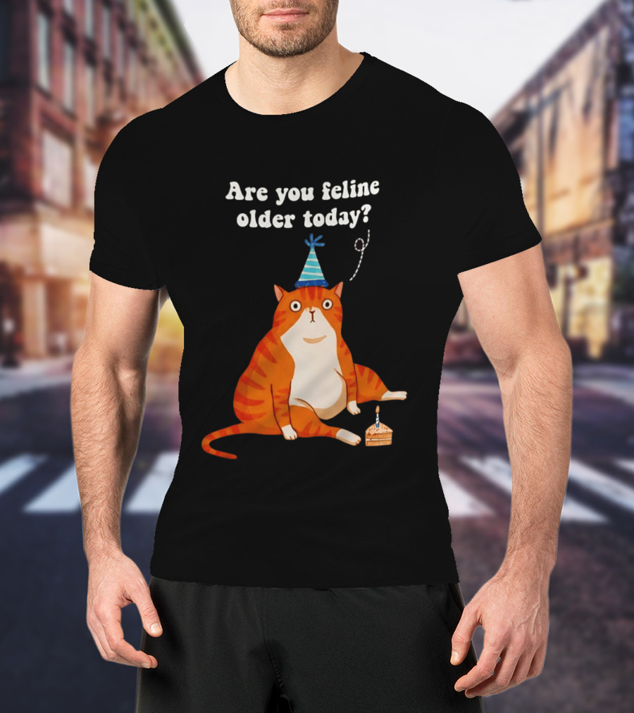 Are You Feline Older Today Birthday Cat With Party Hat And Cake T-Shirt