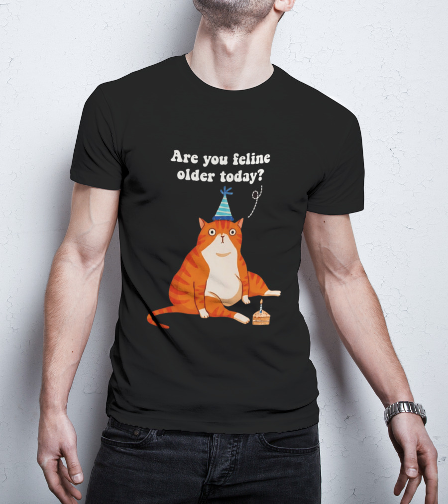 Are You Feline Older Today Birthday Cat With Party Hat And Cake T-Shirt