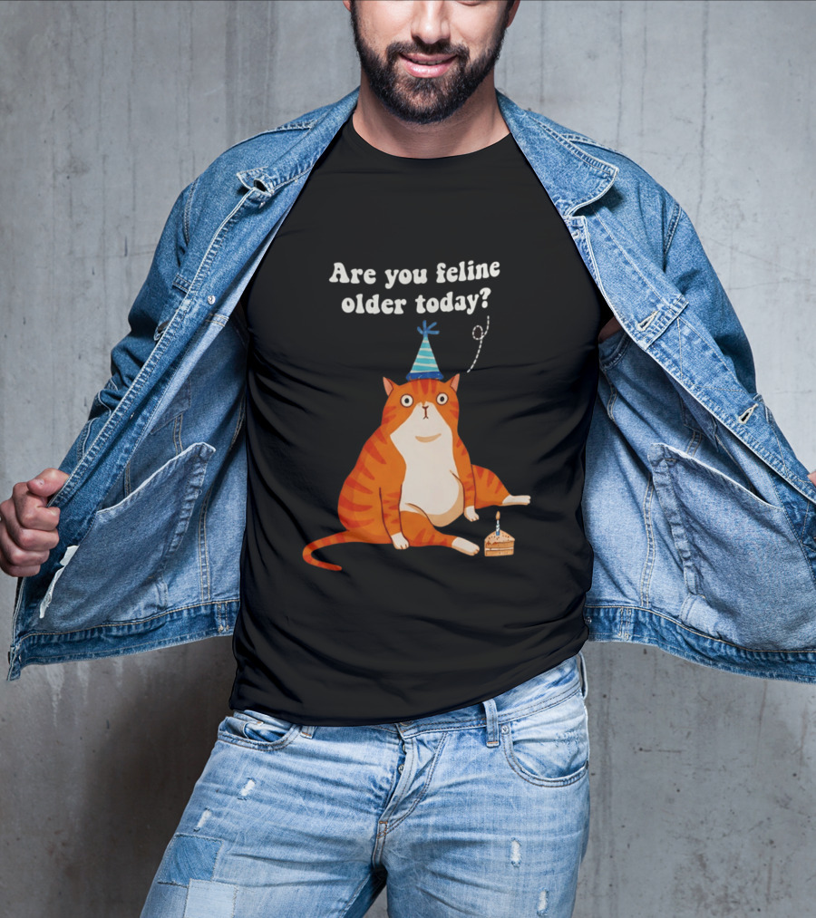 Are You Feline Older Today Birthday Cat With Party Hat And Cake T-Shirt