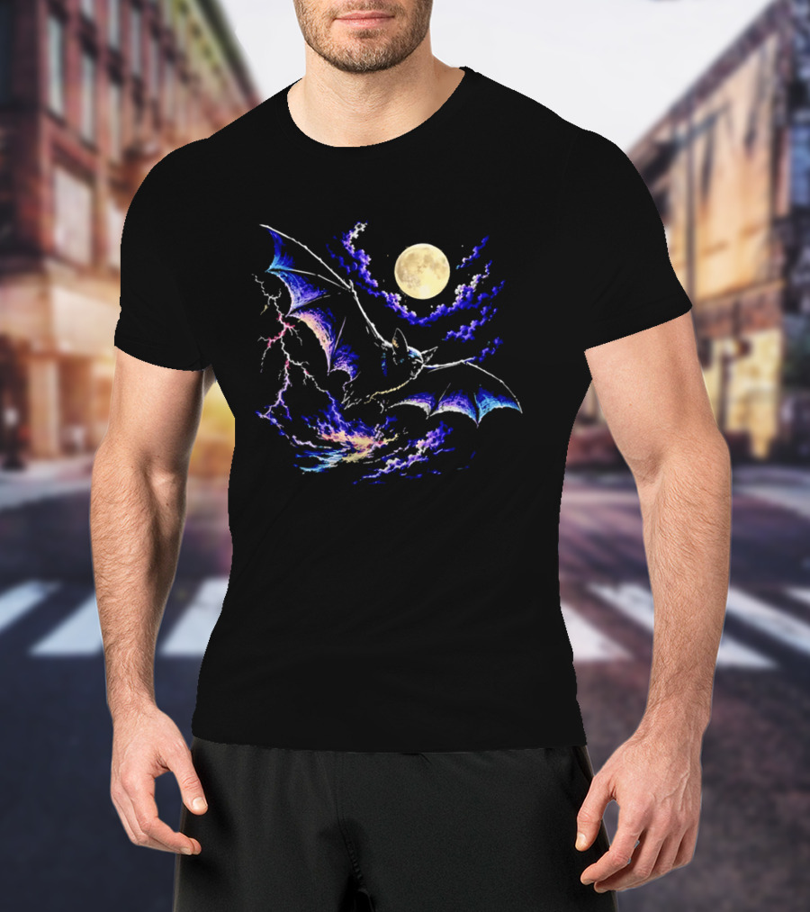 Bat Flying In Stormy Night With Full Moon Lightning And Clouds T-Shirt
