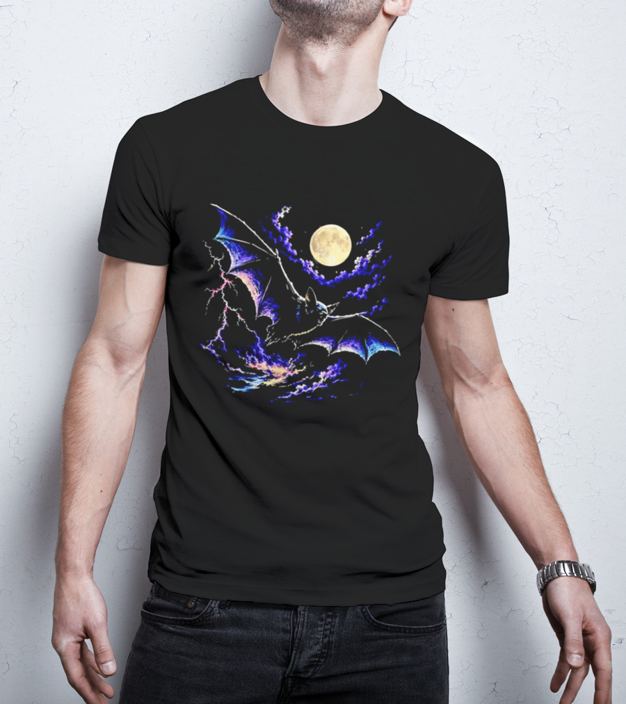 Bat Flying In Stormy Night With Full Moon Lightning And Clouds T-Shirt
