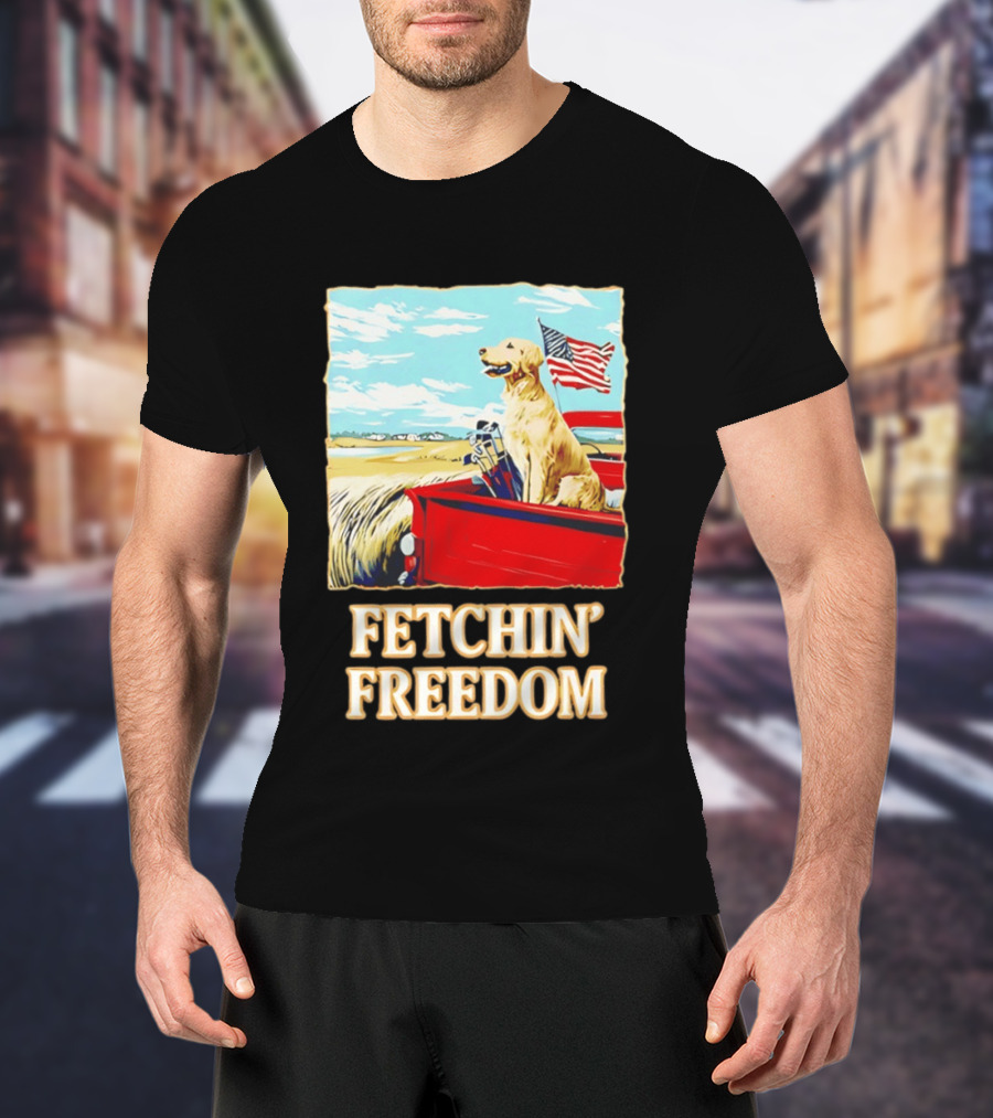 Fetching Freedom Dog And American Flag Scene T-Shirt