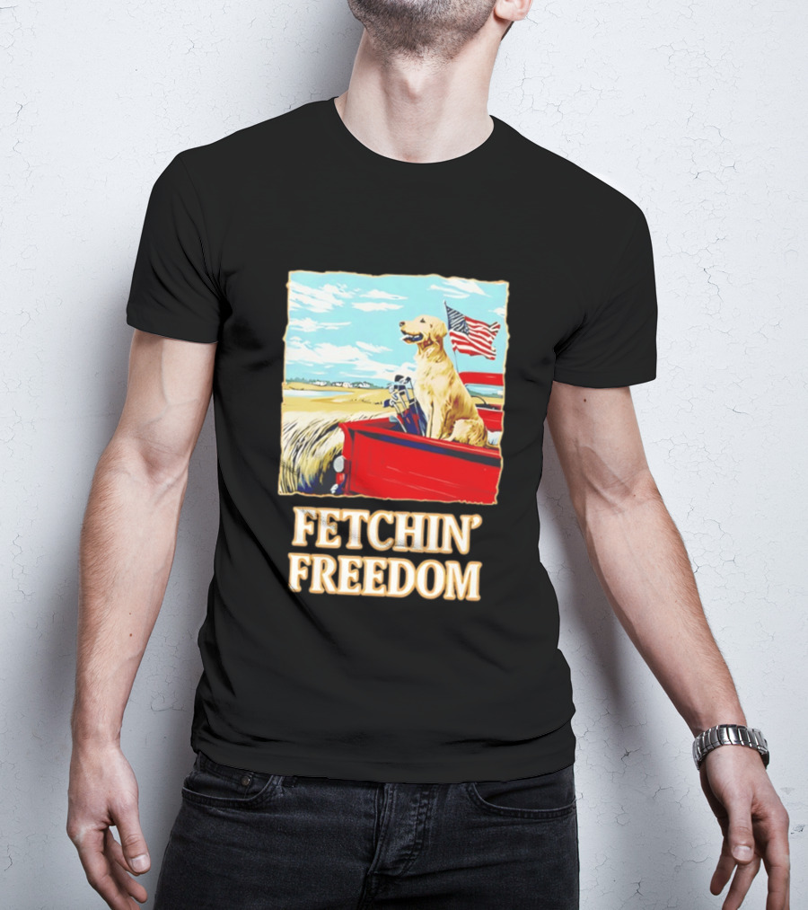 Fetching Freedom Dog And American Flag Scene T-Shirt