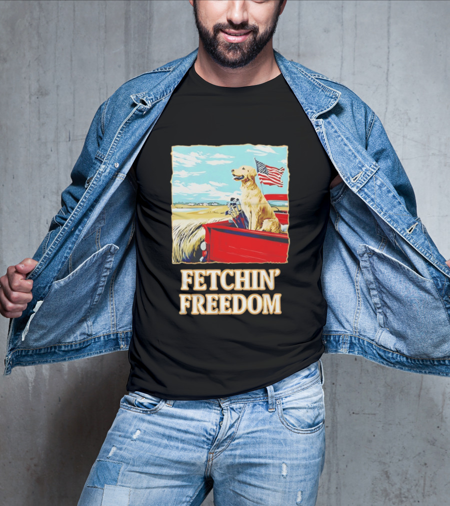 Fetching Freedom Dog And American Flag Scene T-Shirt