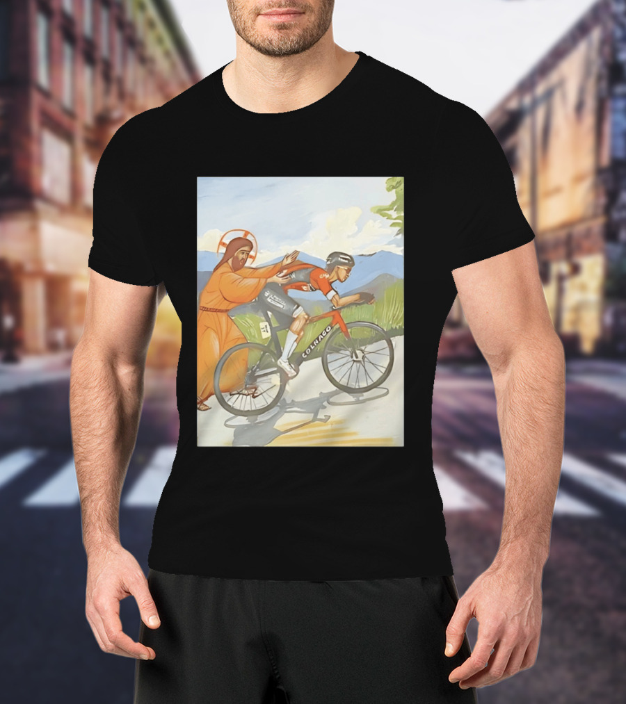 Jesus Gives Tadej Pogačar A Push Colnago Cycling T-Shirt