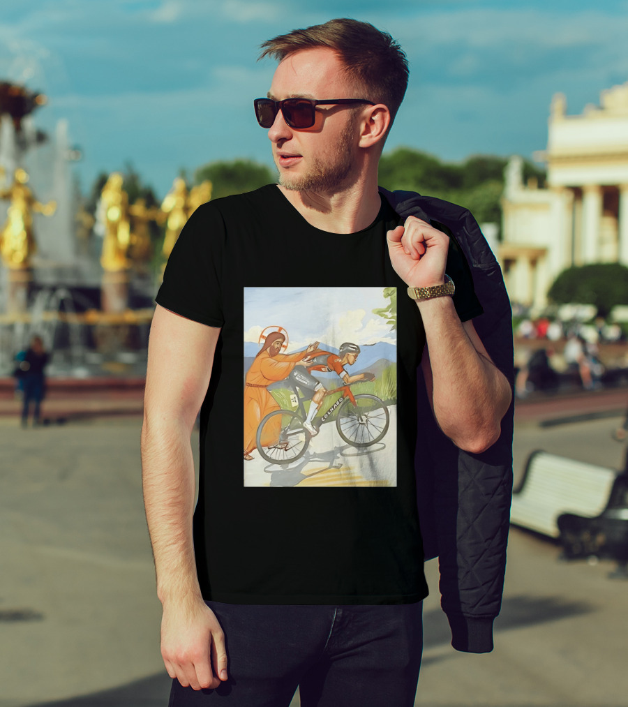 Jesus Gives Tadej Pogačar A Push Colnago Cycling T-Shirt