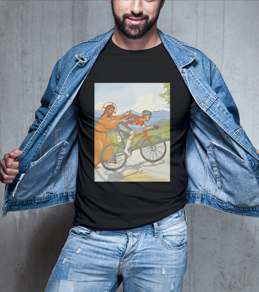 Jesus Gives Tadej Pogačar A Push Colnago Cycling T-Shirt