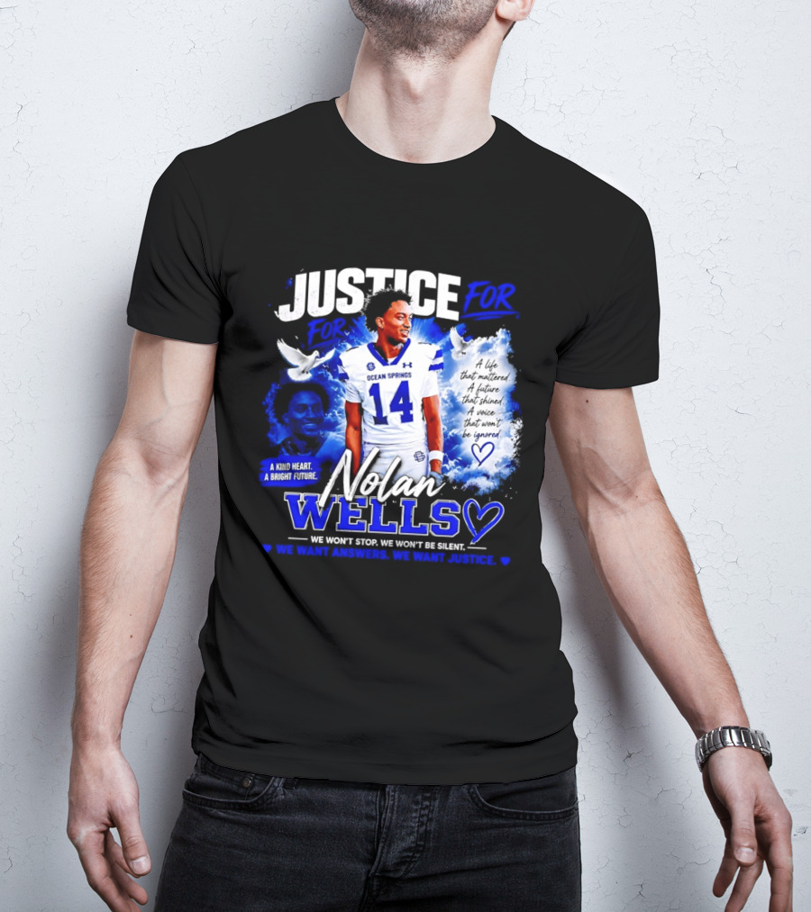 Justice For Nolan Wells Ocean Springs Football Number 14 Ignored Heart We Won't Stop Silent T-Shirt