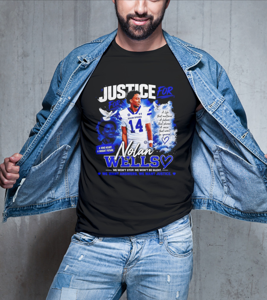 Justice For Nolan Wells Ocean Springs Football Number 14 Ignored Heart We Won't Stop Silent T-Shirt