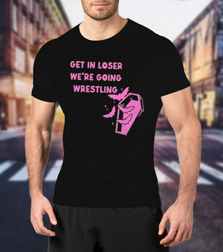 Get In Loser We're Going Wrestling Coffin With Bats And Stars T-Shirt