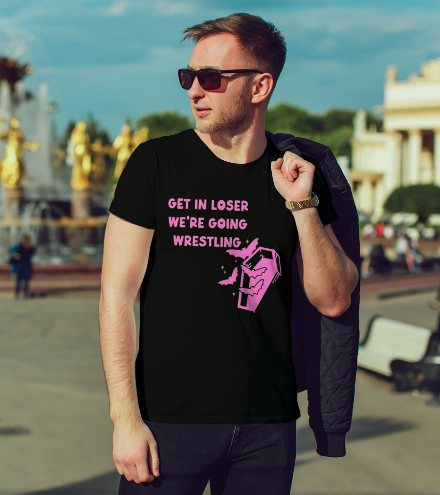 Get In Loser We're Going Wrestling Coffin With Bats And Stars T-Shirt
