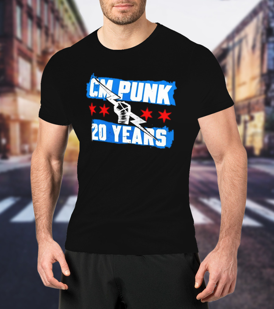 CM Punk 20 Years WWE Flag With Stars And Lightning Fist T-Shirt