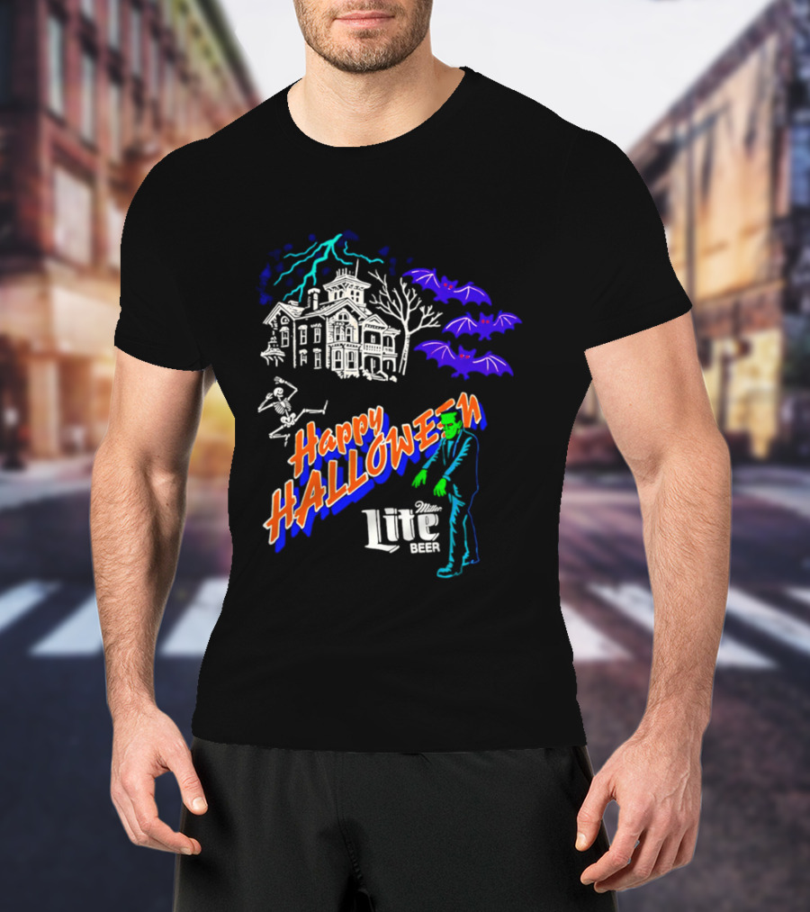 Happy Halloween Miller Lite Beer Haunted House Frankenstein Bats T-Shirt