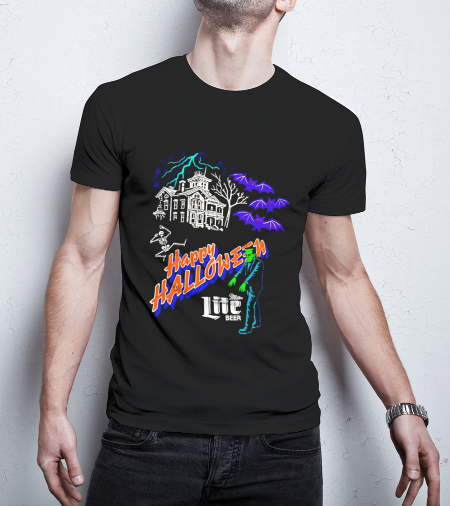 Happy Halloween Miller Lite Beer Haunted House Frankenstein Bats T-Shirt