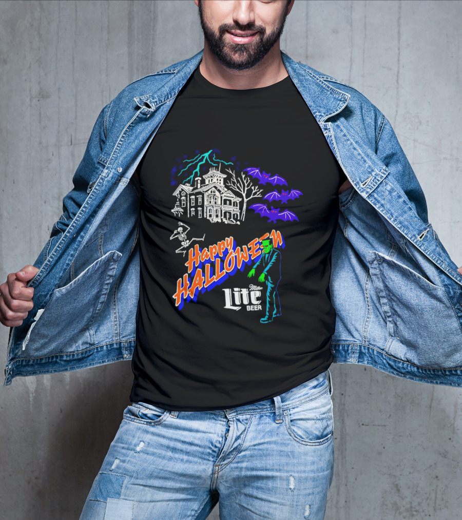 Happy Halloween Miller Lite Beer Haunted House Frankenstein Bats T-Shirt