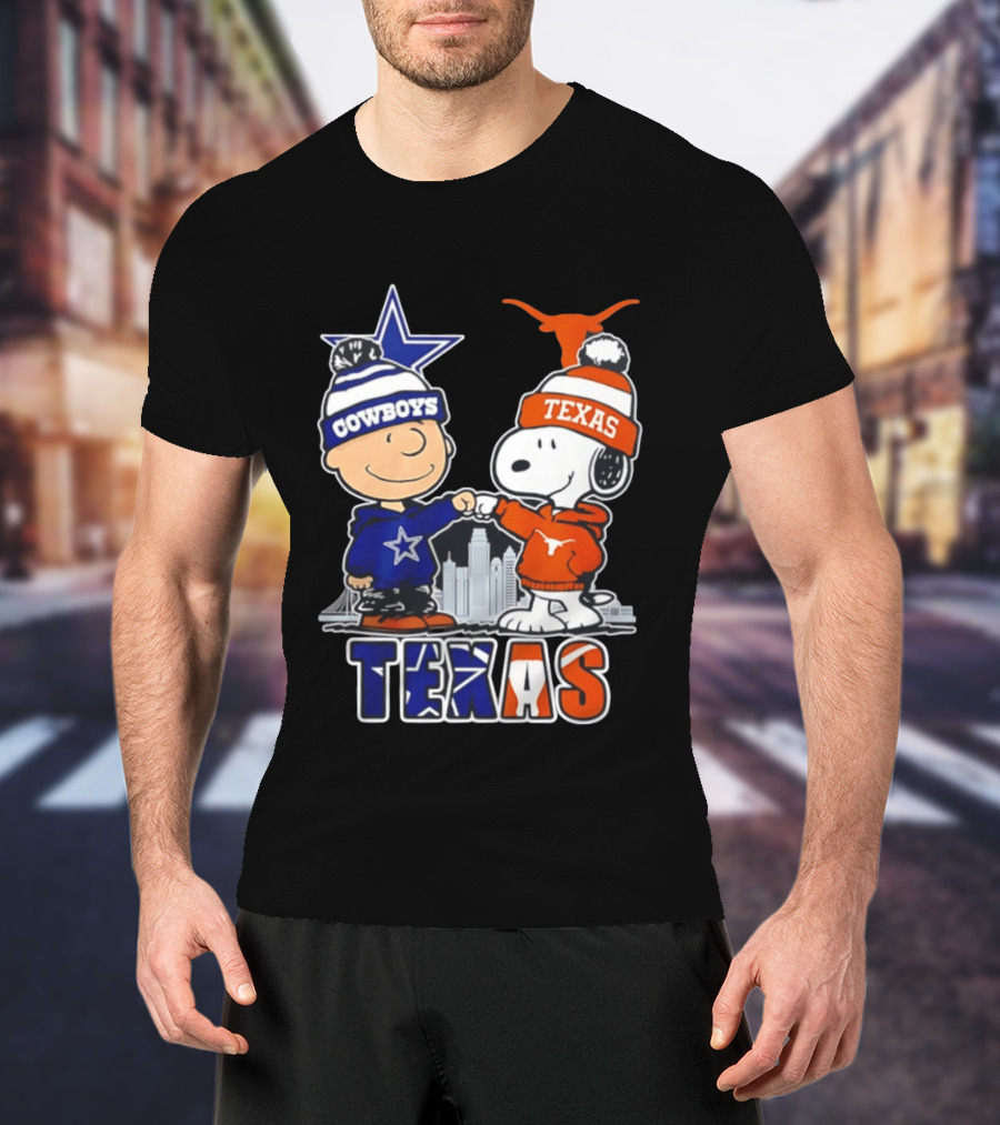 Dallas Cowboys Texas Longhorns Peanuts Characters Stadium Scene T-Shirt