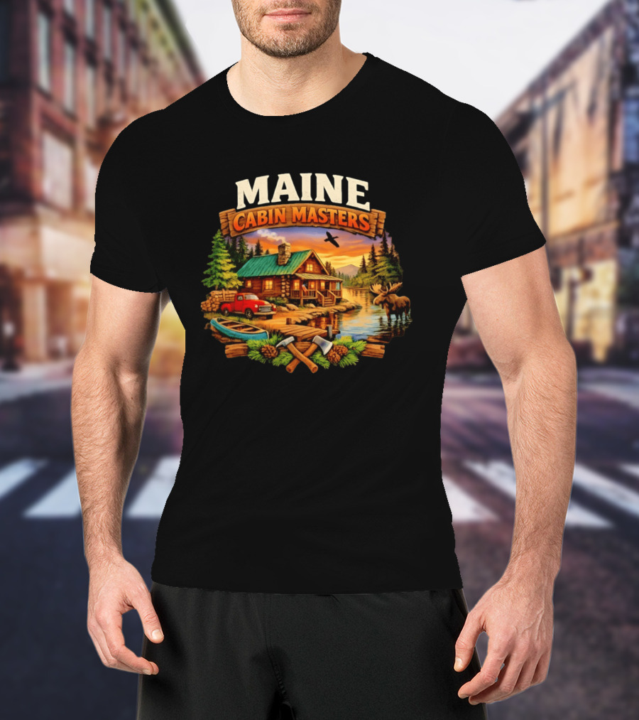 Maine Cabin Masters Rustic Wilderness Scene With Moose And Red Truck T-Shirt