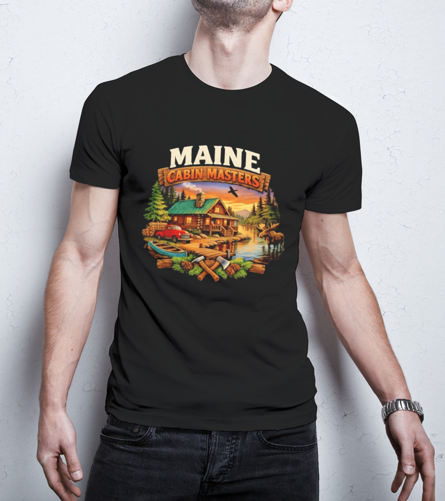 Maine Cabin Masters Rustic Wilderness Scene With Moose And Red Truck T-Shirt