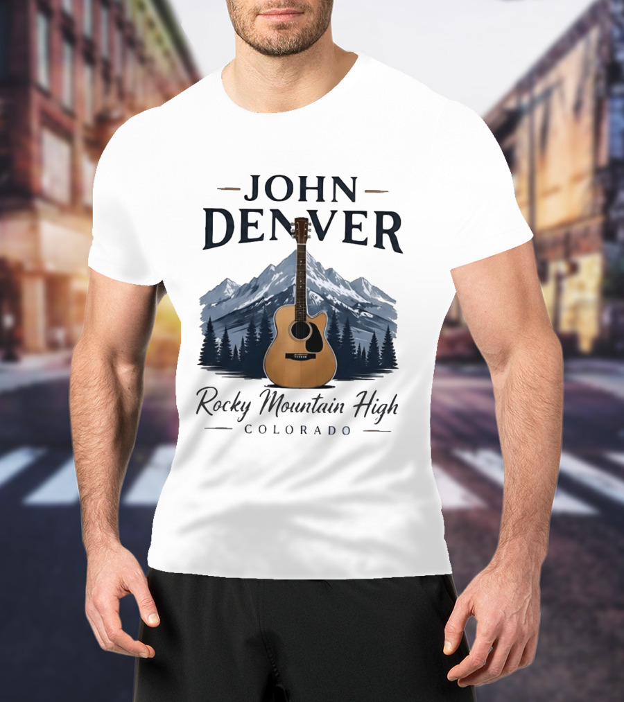 John Denver Rocky Mountain High Colorado Guitar Mountain Scene T-Shirt