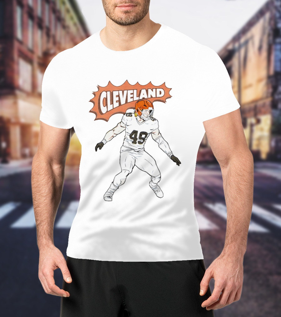 Cleveland Football Comic Style 2026 Player 49 Iconic Helmet T-Shirt