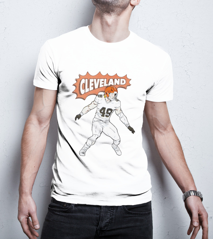 Cleveland Football Comic Style 2026 Player 49 Iconic Helmet T-Shirt