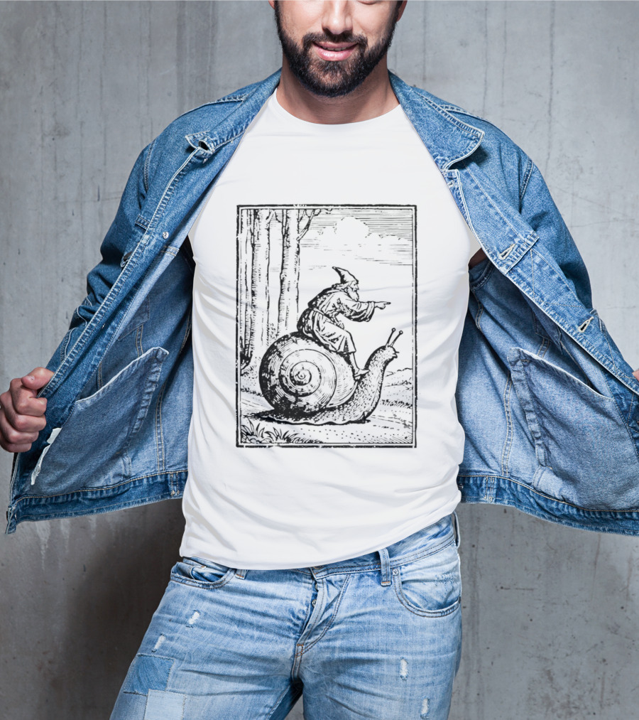 Medieval Snail Rider Wizard Woodcut Fantasy Enchantment T-Shirt