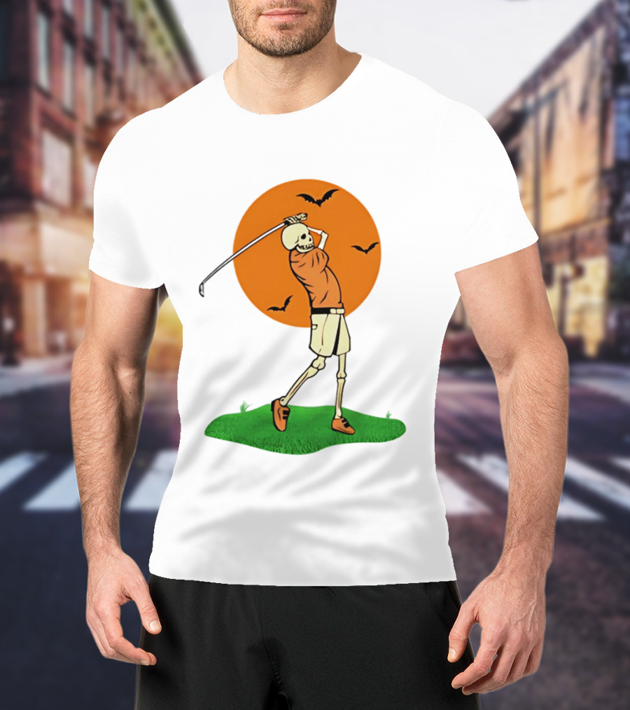 Skeleton Golfer At Sunset With Flying Bats T-Shirt