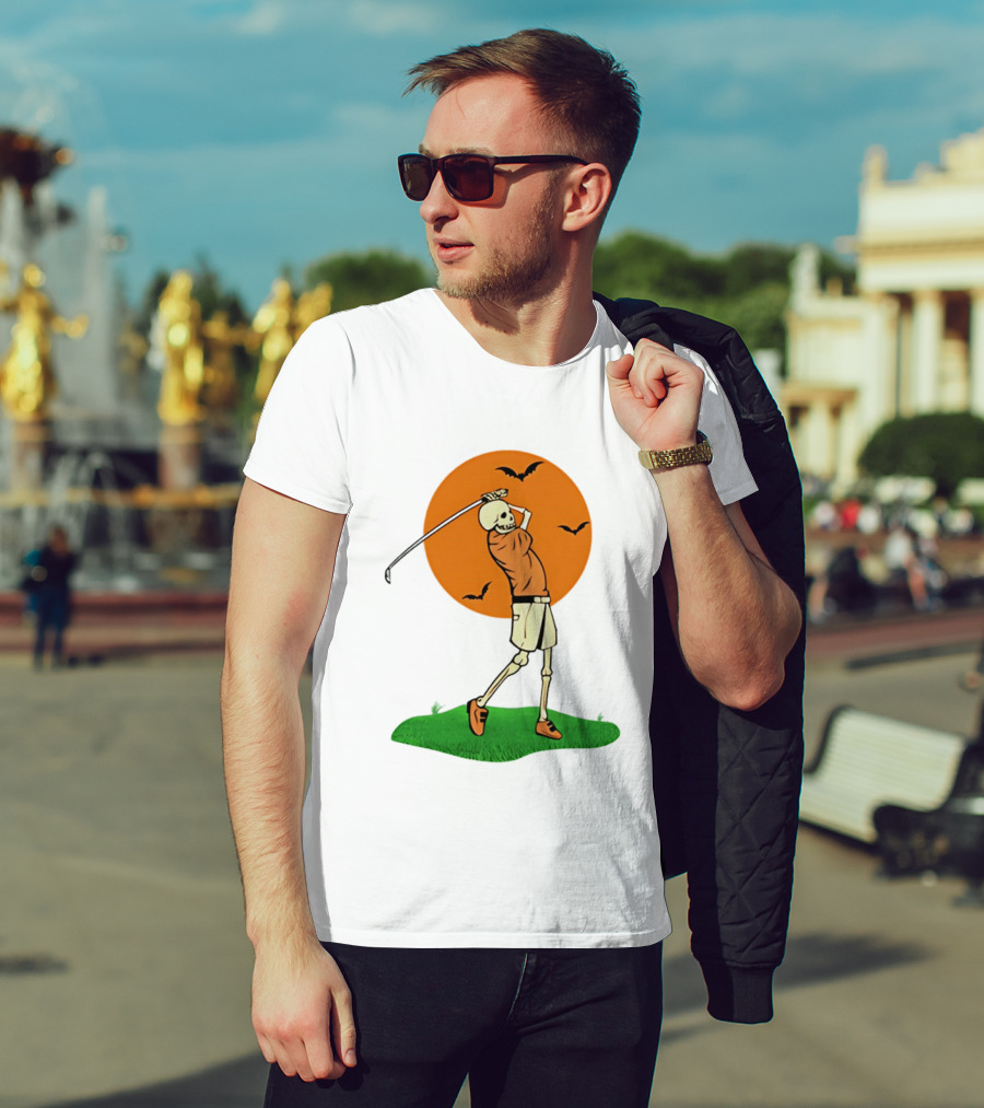 Skeleton Golfer At Sunset With Flying Bats T-Shirt