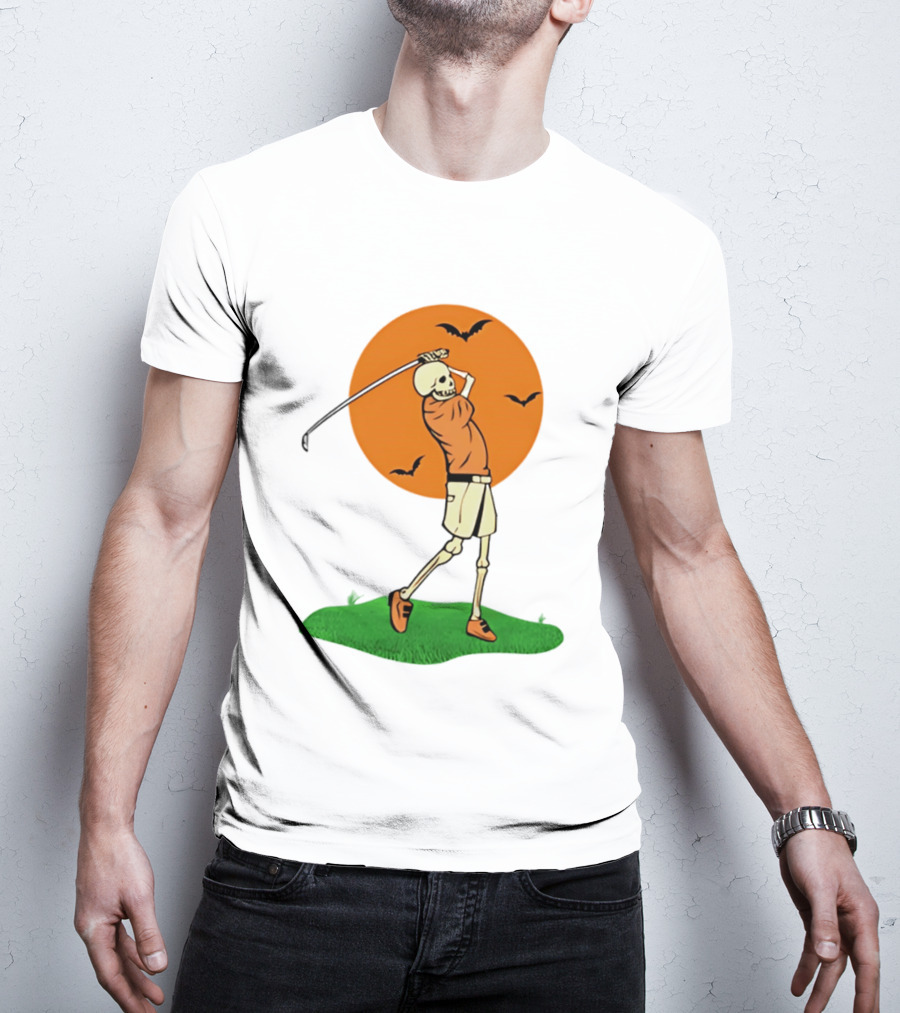 Skeleton Golfer At Sunset With Flying Bats T-Shirt