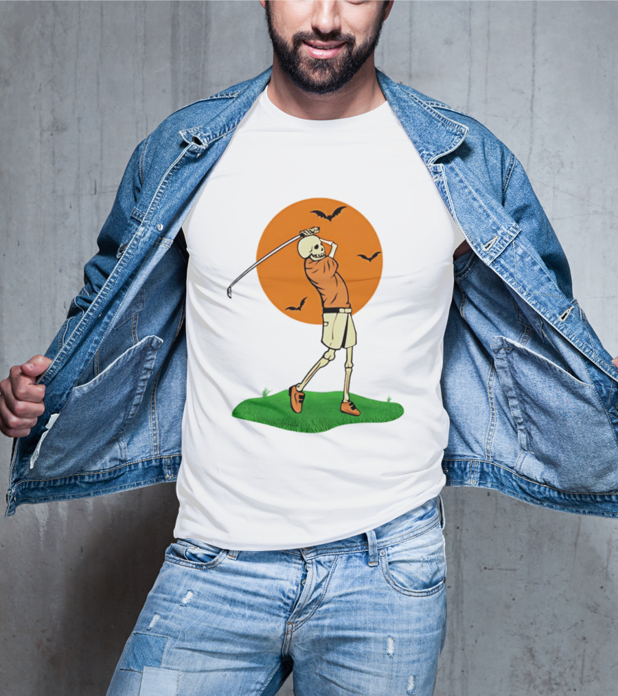 Skeleton Golfer At Sunset With Flying Bats T-Shirt