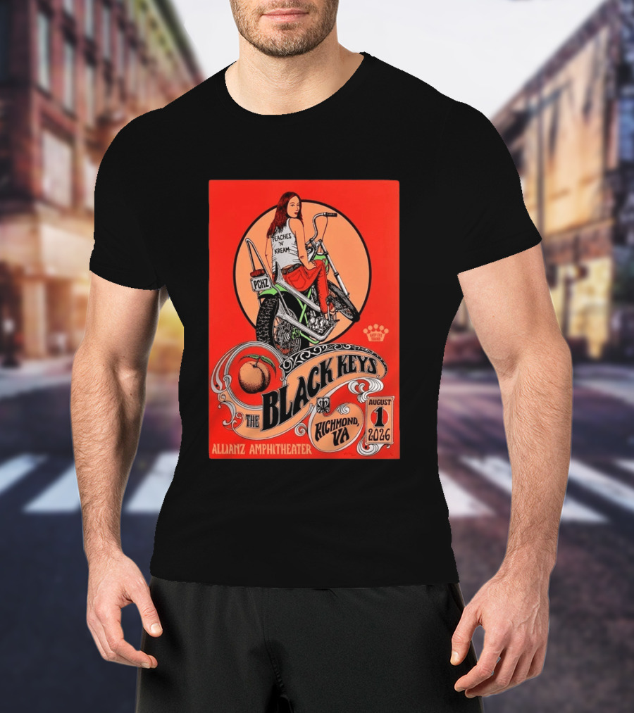 The Black Keys Allianz Amphitheater Richmond VA August 1 2026 Peaches N Kream Motorcycle T-Shirt