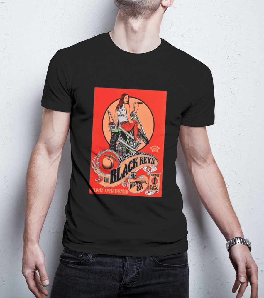 The Black Keys Allianz Amphitheater Richmond VA August 1 2026 Peaches N Kream Motorcycle T-Shirt