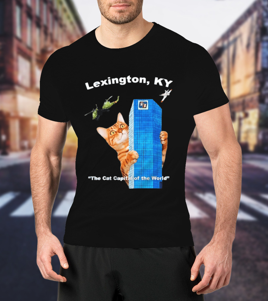 Lexington KY The Cat Capital Of The World Funny Cat With Building And Helicopter T-Shirt