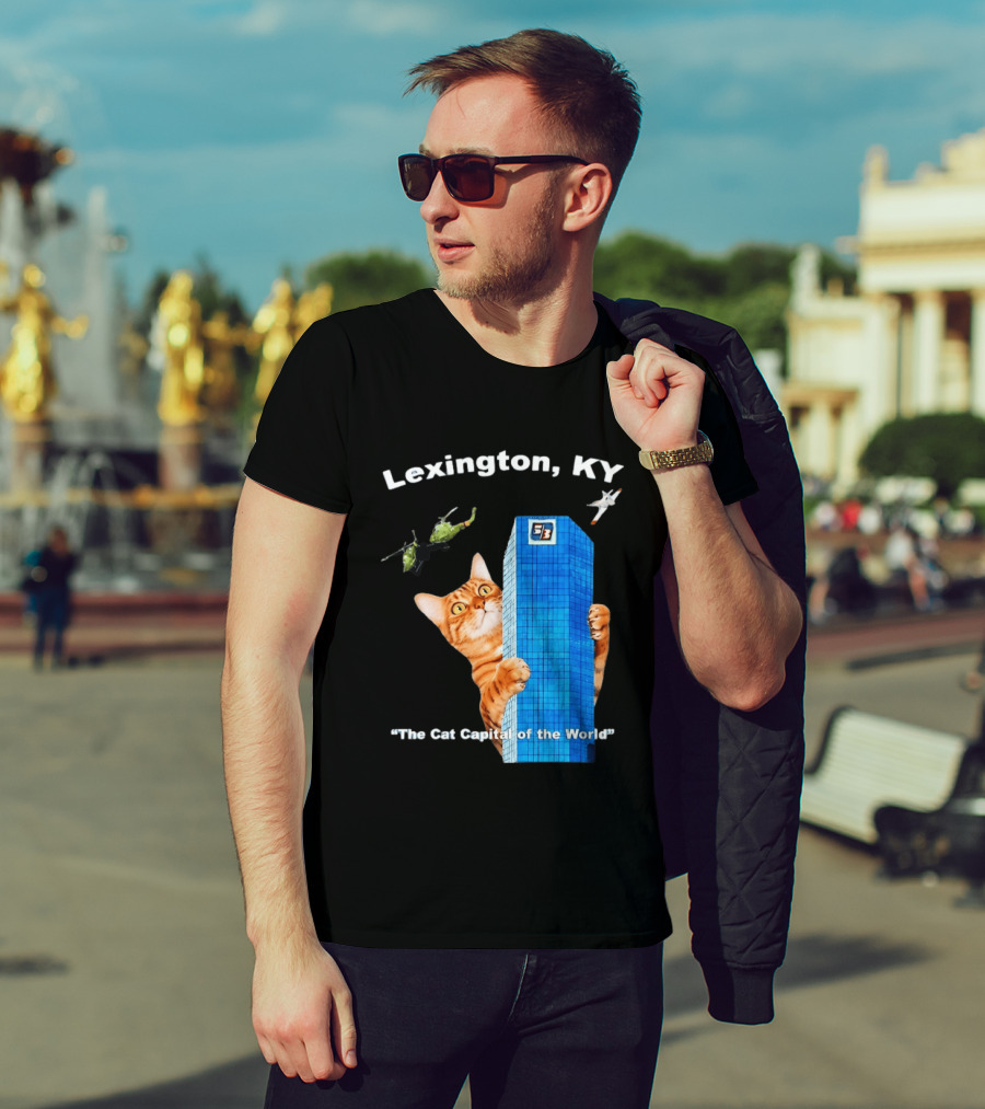 Lexington KY The Cat Capital Of The World Funny Cat With Building And Helicopter T-Shirt