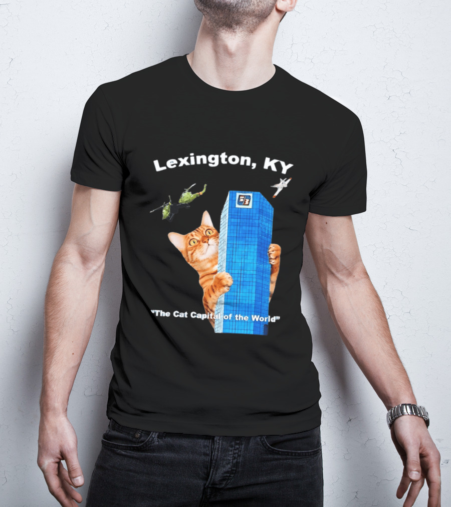 Lexington KY The Cat Capital Of The World Funny Cat With Building And Helicopter T-Shirt