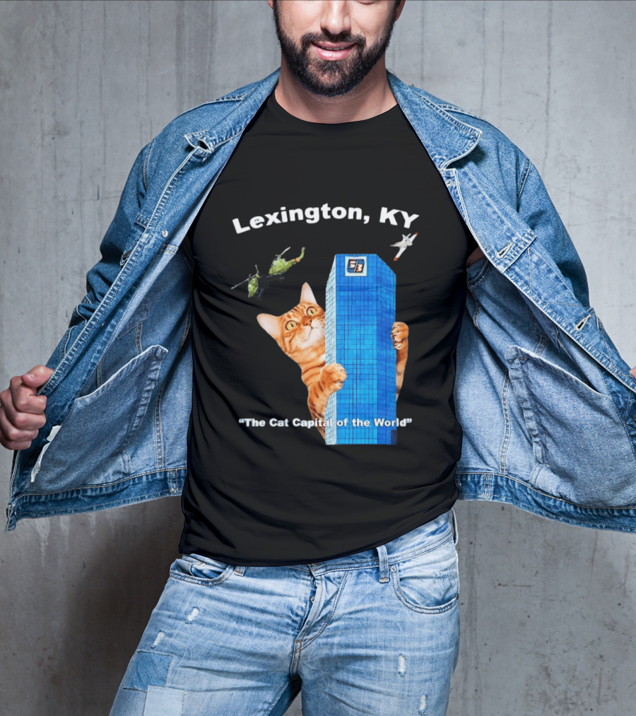 Lexington KY The Cat Capital Of The World Funny Cat With Building And Helicopter T-Shirt