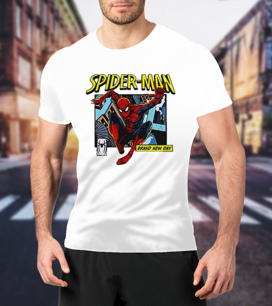 Spider Man Brand New Day Iconic Comic Style Swinging Action T-Shirt